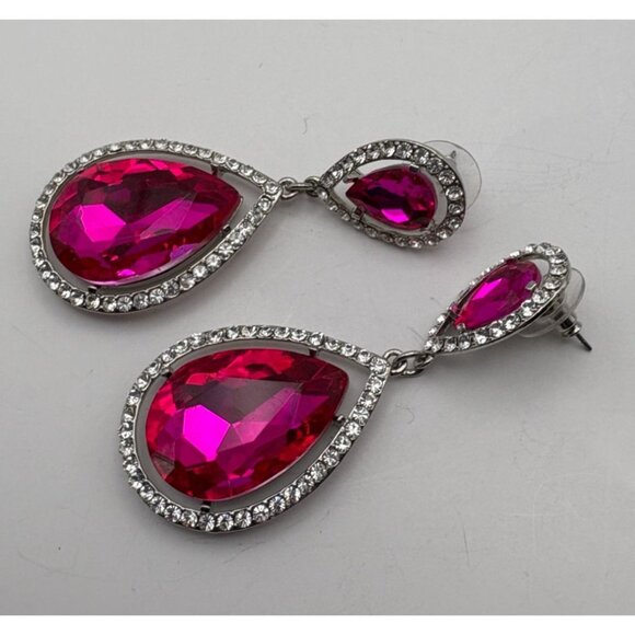 Hot Pink Teardrop Dangle Earrings Large Rhinestone Bling Silver Tone - Picture 5 of 6